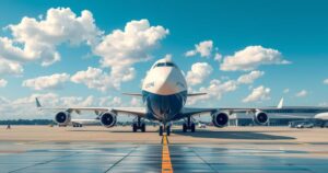 A sleek Boeing 747-8 jetliner parked at a modern airport, surrounded by blue sky and fluffy clouds.