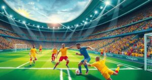 Dynamic soccer scene with vibrant green field, colorful jerseys, and dramatic stadium atmosphere.