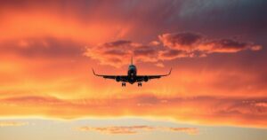 A plane taking off against a sunset sky, symbolizing immigration and departure themes.
