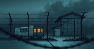 A dark and somber view of a closed compound with barbed wire and a dimly lit building symbolizing detention.
