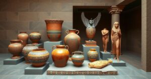 Ancient Egyptian artifacts displayed in a museum with earthy tones and classical style.