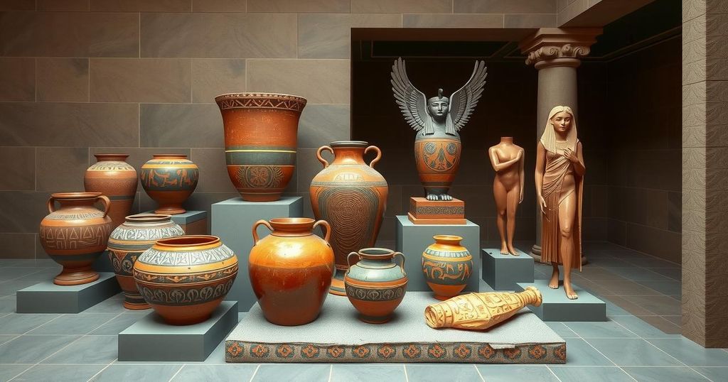Ancient Egyptian artifacts displayed in a museum with earthy tones and classical style.