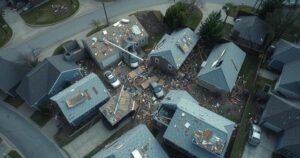 Aerial view of tornado damage in London Kentucky, showcasing debris and destroyed structures in a somber landscape.
