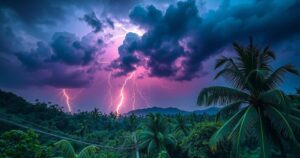 Tropical wave brings rain and storms to Cuba, showcasing dramatic rain clouds and vibrant lightning.
