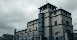 A stark prison building under a gray sky, surrounded by barbed wire, emphasizing security and confinement.