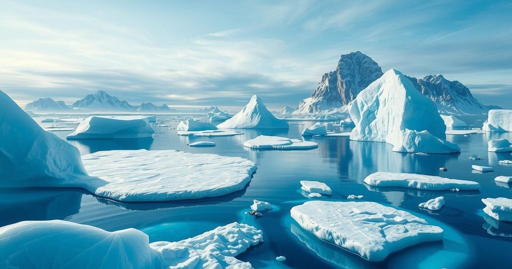 A serene Arctic landscape with melting ice, showcasing water flow and natural beauty amidst geopolitical tensions.