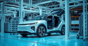 A sleek electric vehicle in a modern assembly plant with bright overhead lights and innovative machinery.