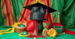 A proud graduation moment with a cap and gown, cultural elements, celebrating success and heritage in vibrant colors.