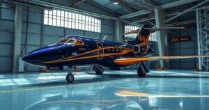 A luxurious airplane in a grand airport hangar showcasing a lavish gift presentation.