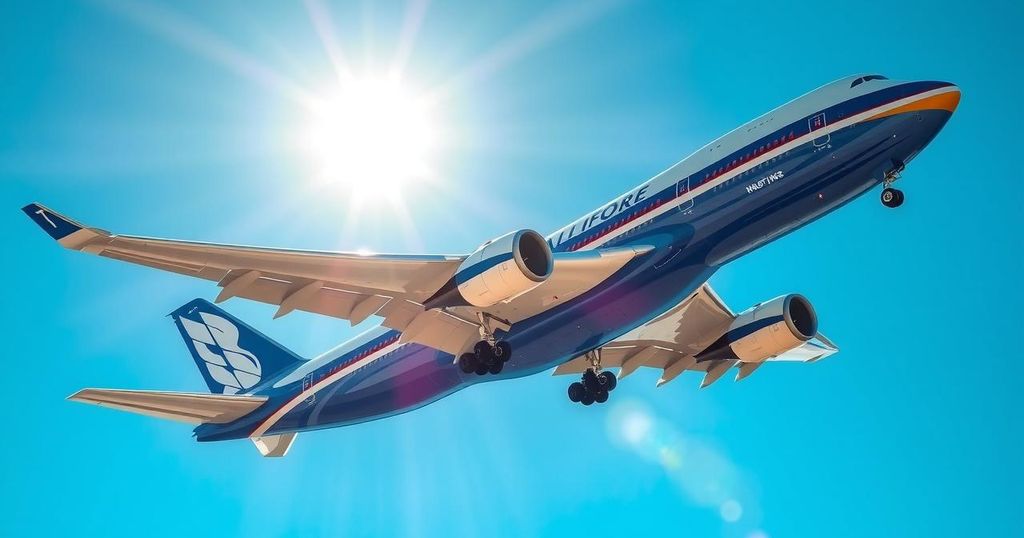 A lavish Boeing 747-8 showcasing a luxurious exterior, set against a clear blue sky, symbolizing political controversy.