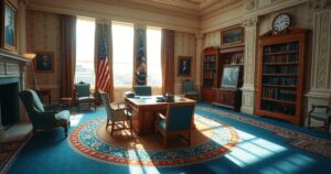 A serene Oval Office scene with luxurious decor, a large desk, and elegant furnishings, embodying political discussions.