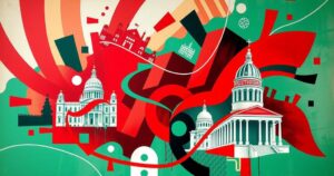 Colorful abstract representation of Portugal's political landscape with symbolic elements of government and unity.