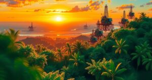 A colorful depiction of Suriname's landscape with oil rigs, forests, and a bright sunset signaling economic growth.