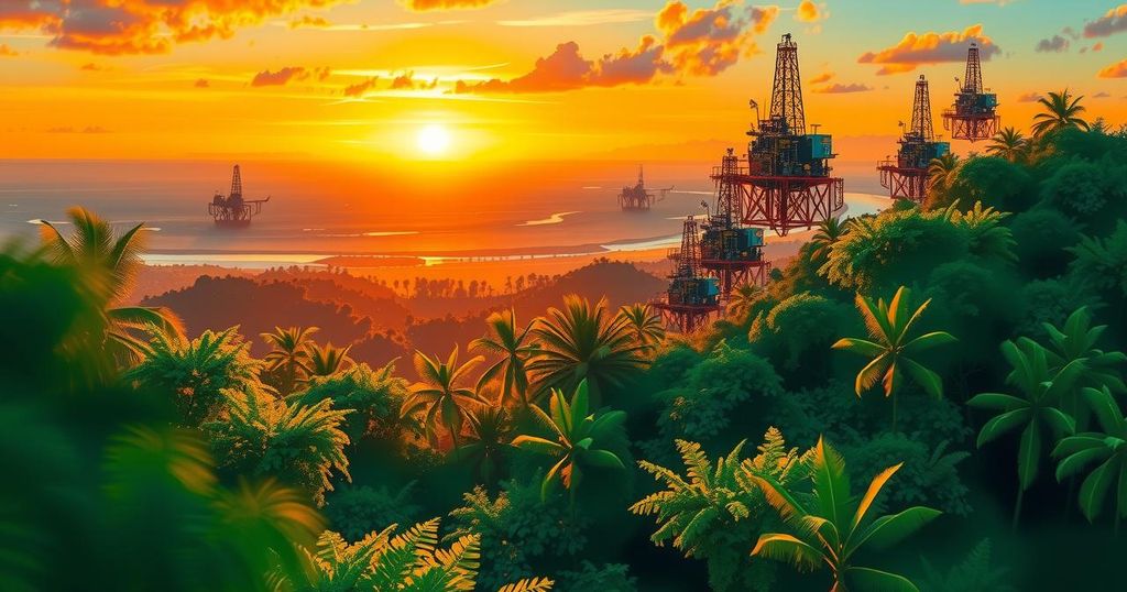 A colorful depiction of Suriname's landscape with oil rigs, forests, and a bright sunset signaling economic growth.