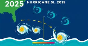 Colorful weather map showing storm predictions for 2025 hurricane season in the Atlantic with swirls and waves.