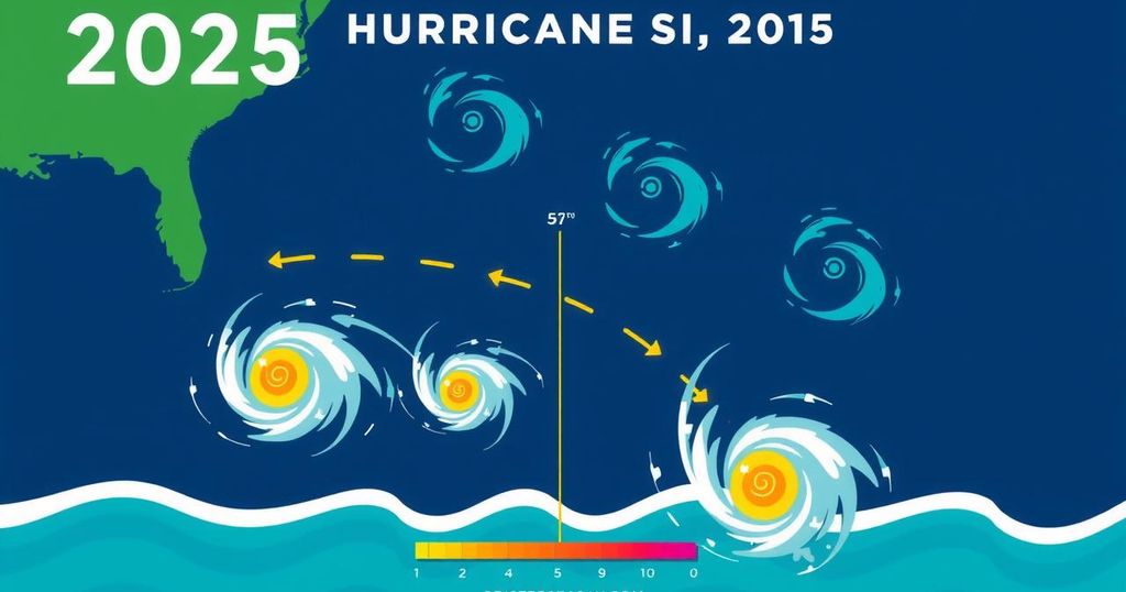 Colorful weather map showing storm predictions for 2025 hurricane season in the Atlantic with swirls and waves.