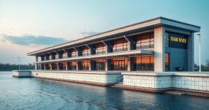 Renovated railway station by Tumen River with minimalist design and a cool color palette.