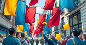 A vibrant street scene depicting a festive protest with colorful banners and bold expressions of unity.