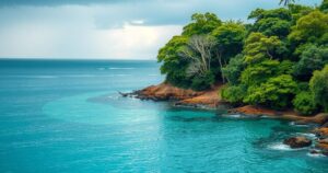 A serene coastal landscape with calm blue water and lush green trees, symbolizing hope and preparation for storms.