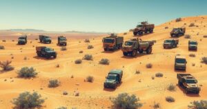 Desert landscape featuring military trucks, armed vehicles, and sparse vegetation under a blue sky.