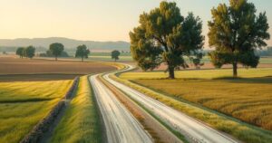 A serene landscape representing democracy, featuring a rural setting with a dusty road and trees under a bright sky.