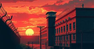 Prison featuring high security walls with a dramatic sunset sky, conveying tension and resilience in a stylized manner.