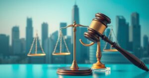 A symbolic representation of legal struggles featuring a gavel, scales of justice, and a modern skyline background in soft blues and greens.