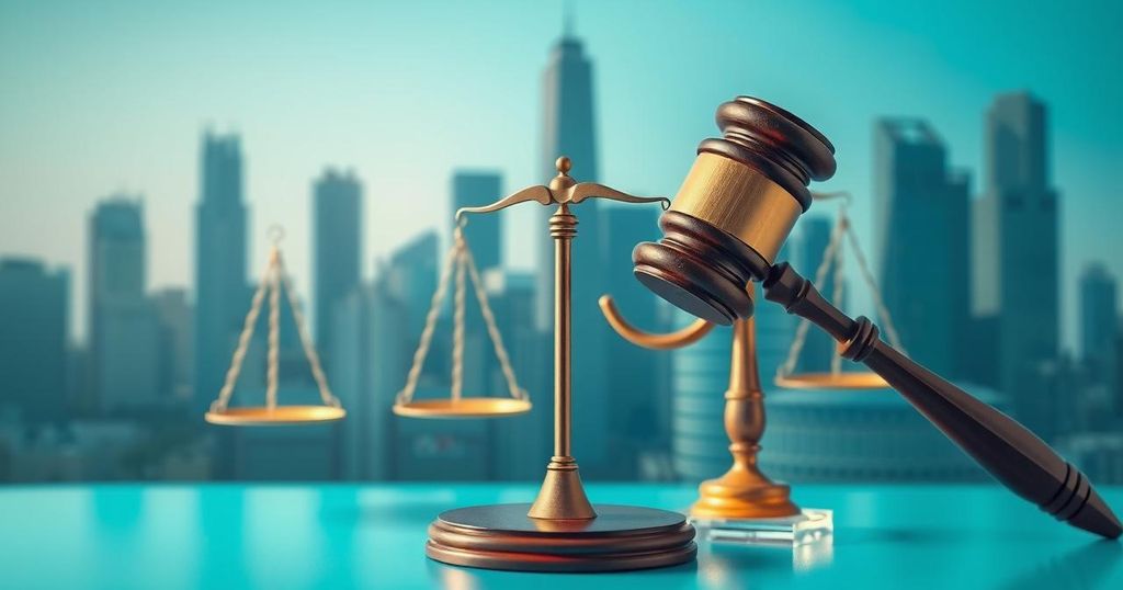 A symbolic representation of legal struggles featuring a gavel, scales of justice, and a modern skyline background in soft blues and greens.