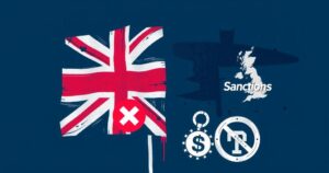 A UK flag and sanctions symbols illustrating geopolitical tension, with dark blue and gray tones.