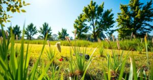 A serene outdoor yoga scene under a bright sun, with vibrant green surroundings and a clear blue sky.