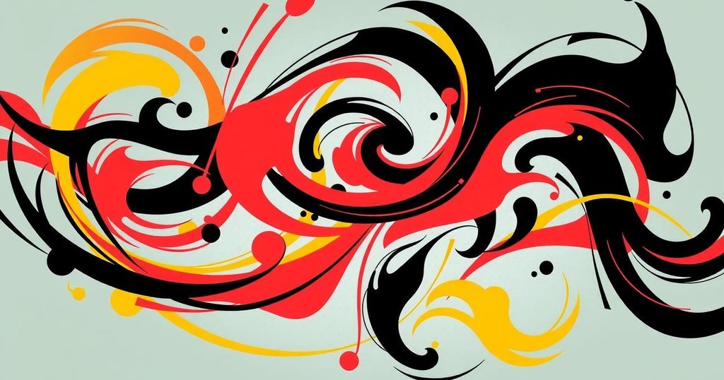 A colorful abstract design reflecting film festival themes with vibrant blacks, reds, and yellows.