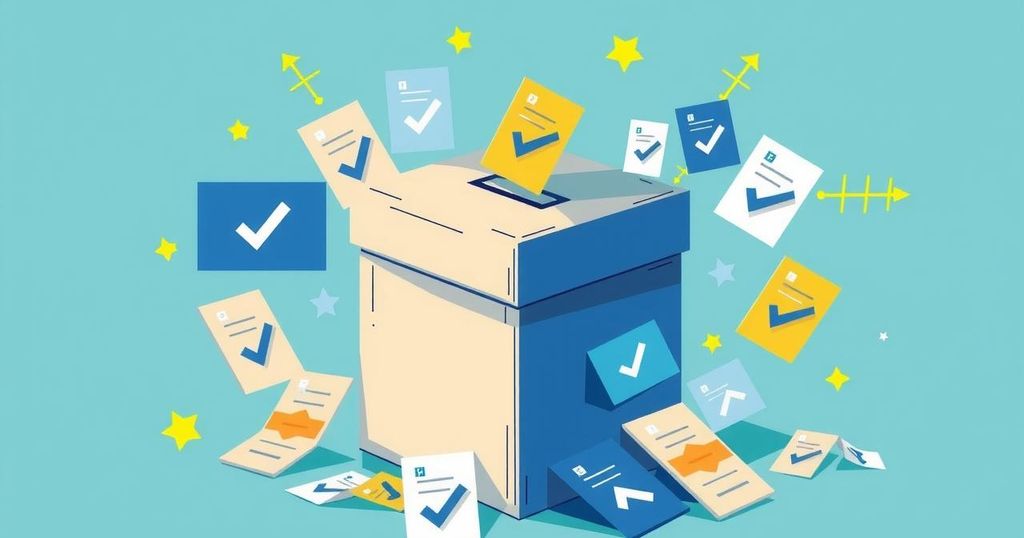 Abstract representation of a democratic election, featuring a ballot box and symbols of voting in a vibrant color scheme.