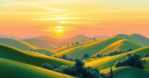 A serene landscape with lush greenery and a calming sunset, representing transparency and accountability.