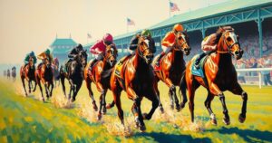 Dynamic horse racing scene capturing Mindframe winning the Stephen Foster Stakes at Churchill Downs.