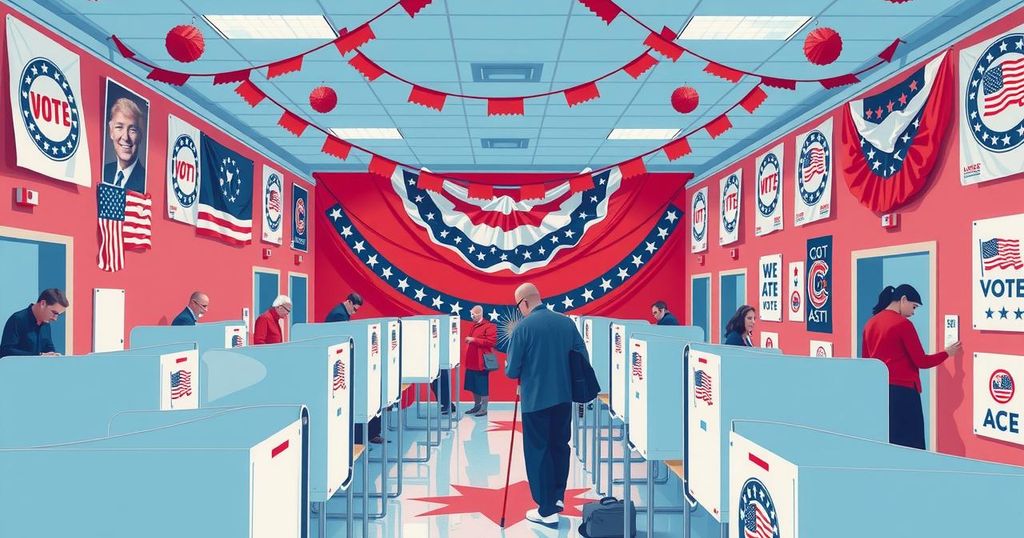 Exciting New Jersey primary election scene with voting booths and banners in red, white, and blue colors, capturing political atmosphere.