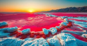 Crimson Lake Natron flanked by white salt formations and surrounded by wildlife, showcasing nature's extremes.