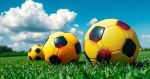 Two soccer balls on a grassy field, with bright blue sky and white clouds, representing South American football culture.