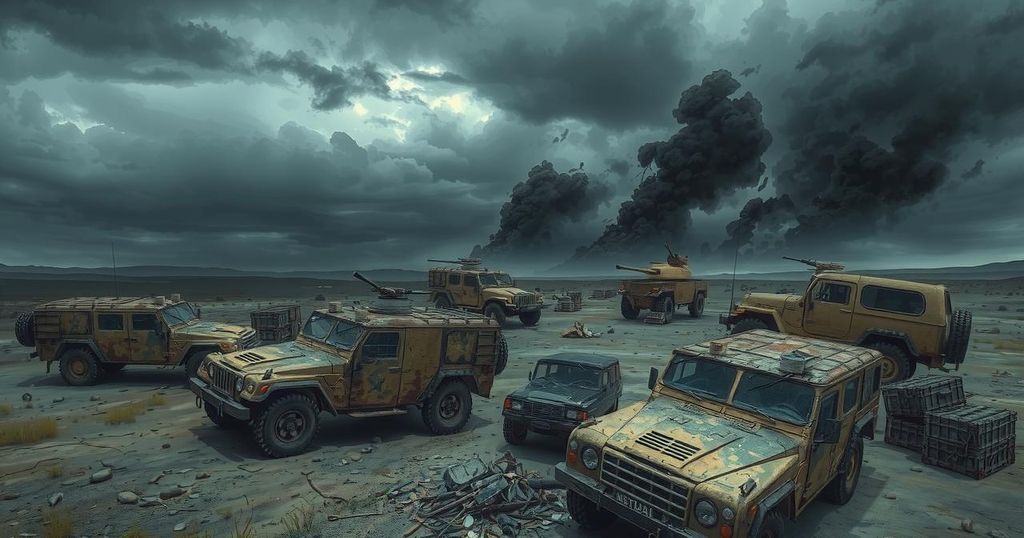 A battle-scarred landscape with military vehicles and abandoned gear under an ominous sky, portraying conflict and loss.