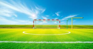 A vibrant soccer field with colorful goal posts, a bright blue sky, and green grass, showcasing the spirit of the game.