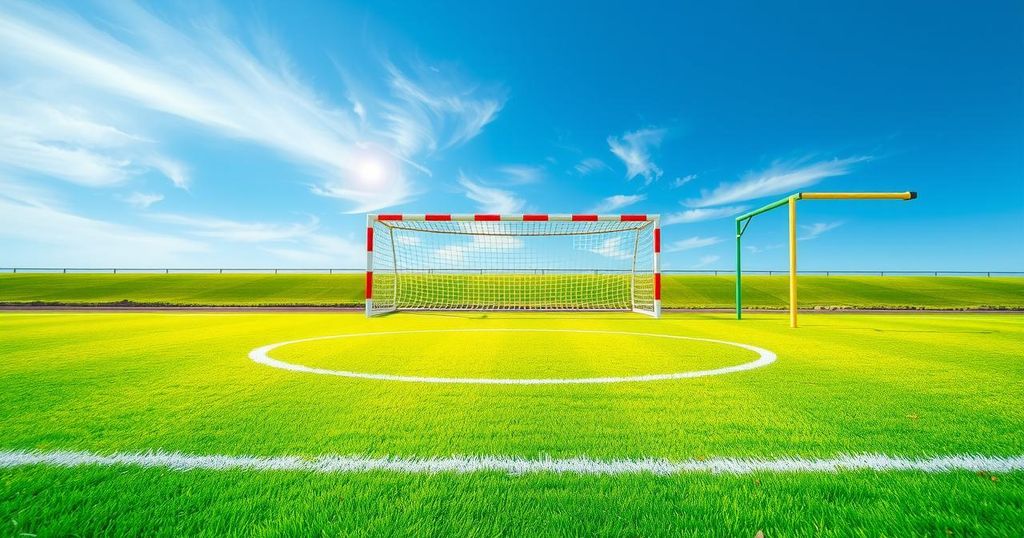 A vibrant soccer field with colorful goal posts, a bright blue sky, and green grass, showcasing the spirit of the game.
