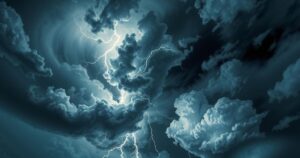 Dark stormy sky with flashes of lightning and swirling clouds, represented in dramatic shades of gray and blue.
