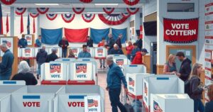 Polling location scene with voting booths and signage, showcasing voter participation during a primary election.