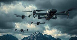 Drones flying over a landscape with dramatic clouds, depicting conflict and tension between two nations.