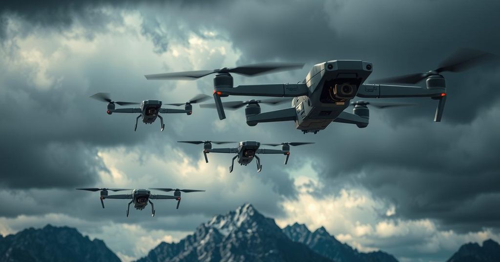 Drones flying over a landscape with dramatic clouds, depicting conflict and tension between two nations.