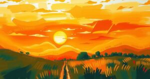 Vibrant sunset over a peaceful landscape with gentle breezes and warm colors highlighting the weather.