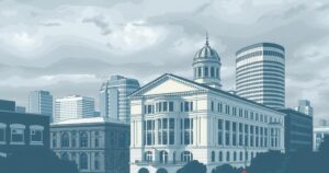 Decatur cityscape with a city council building under a cloudy sky, symbolizing political change.