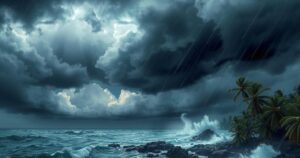 Stormy sky with dark clouds and heavy rain, depicting inclement weather conditions over town and sea.