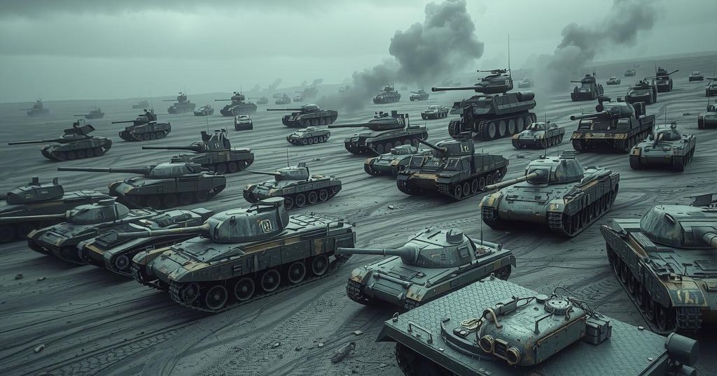 A military landscape depicting tanks and armored vehicles against a background of conflict, with gray and muted tones.