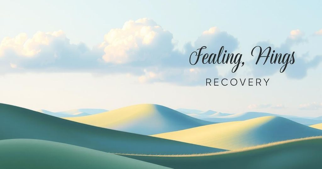 Abstract representation of recovery and resilience with a serene landscape and soft colors, symbolizing healing.