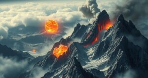 A dramatic aerial view of mountainous terrain with smoke and explosions, evoking cinematic intensity and war.
